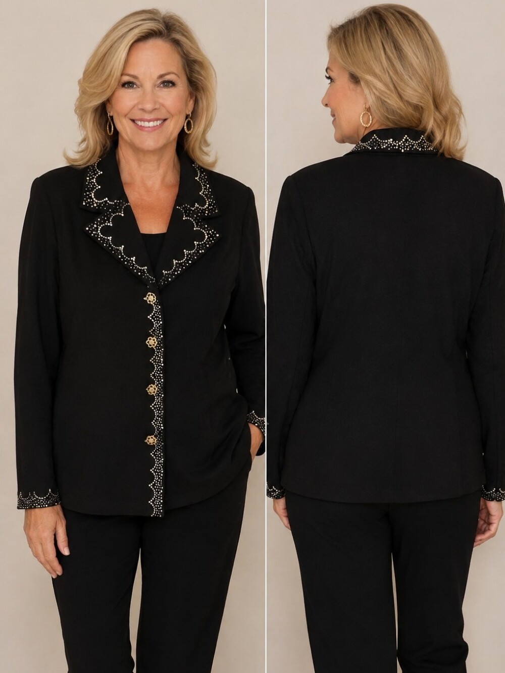 Vintage Carissimo Black Rhinestone Embellished Wool Blend Blazer Jacket Size 22